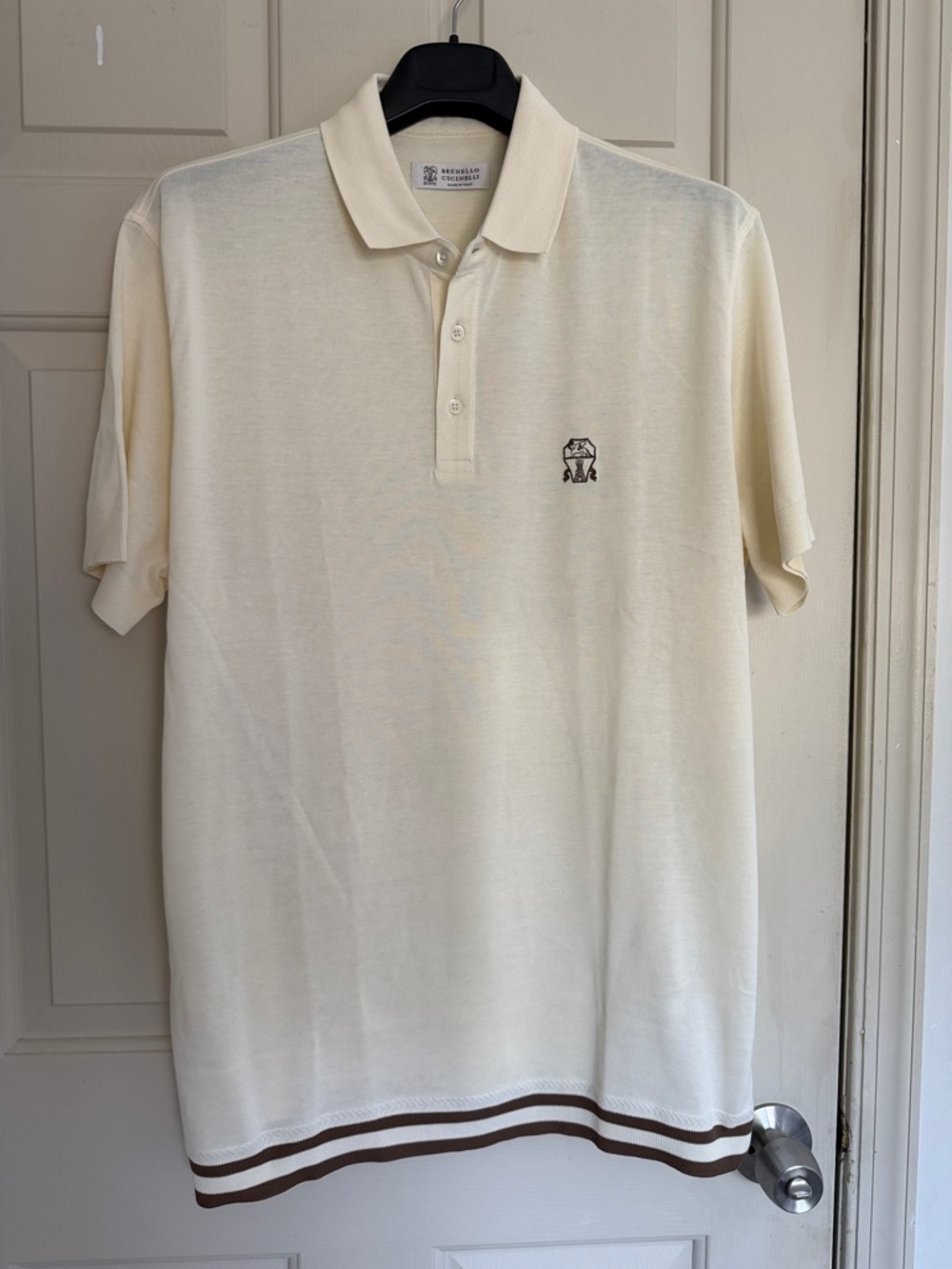 Brunello Cucinelli Cream Polo with Brown Hem Stripes